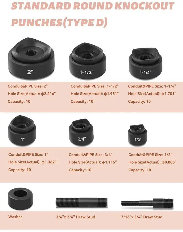 Alt view image 2 of 7 - Hydraulic Knockout Hole Punch Driver Kit 1/2 to 2 inch Electrical Conduit Hole Cutter Set KO Tool Kit Metal Sheet Puncher, Punch Dies be Seconday Cutter (TPA-8 Orange)