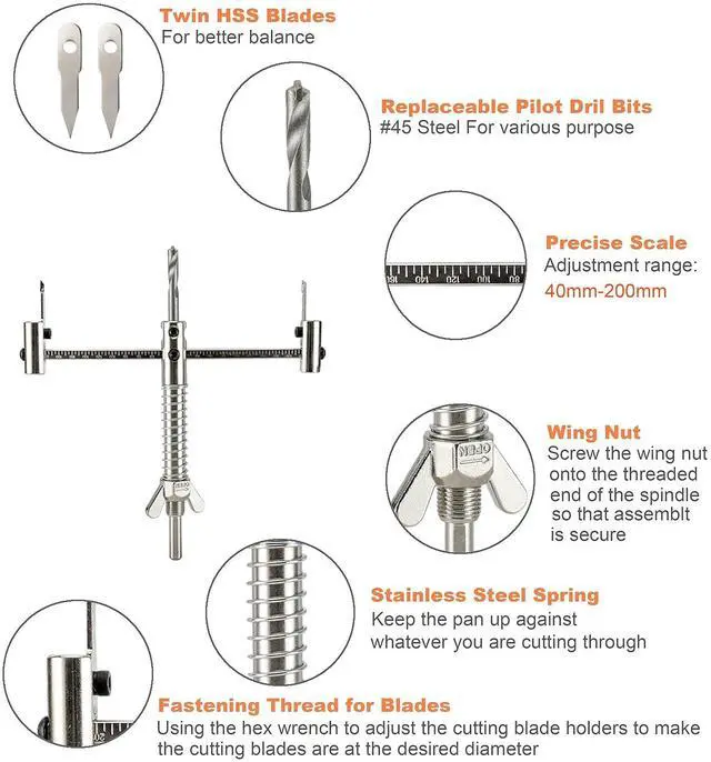 Alt view image 3 of 7 - 1-5/8" to 8" (40-200mm) Adjustable Circle Hole Saw Cutter, Twin Blade Hole Saw for Recessed Lights Ceiling in Recessed Drywall & Ceiling Tile