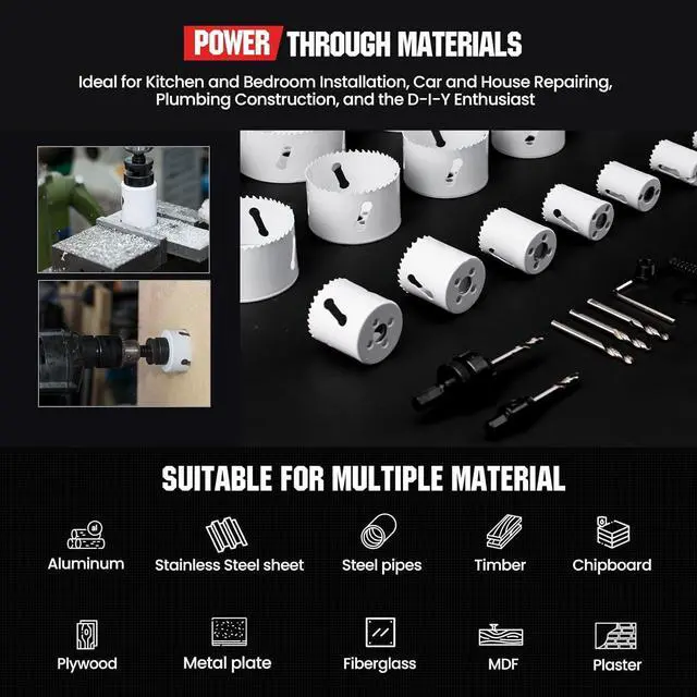 Alt view image 2 of 7 - Bi Metal Hole Saw Kit, 30-Pieces All Purpose Combination Hole Saw Set Including 10" Extension, Sizes Range: 3/4" to 4-3/4", Increased Cutting Depth to 2", Ideal for Wood, Metal, PVC, Aluminum