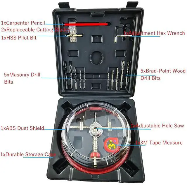 Alt view image 4 of 7 - Adjustable Hole Saw Cutter Kit 1-5/8" to 8"40-200mm with ABS Dust Cover for Recessed Lights Ceiling in Recessed Drywall & Ceiling Tile