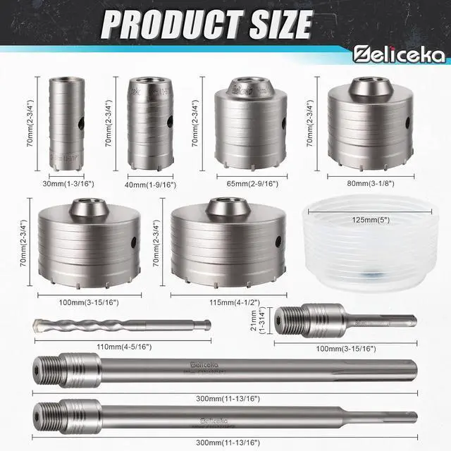 Alt view image 2 of 7 - Concrete Hole Saw Kit with Hole Saw Dust Bowl, Kit Size 30 40 65 80 100 115 MM with Upgraded SDS Plus & Max Shank, Concrete Hole Saw Set for Concrete Brick Stone Cement Wall