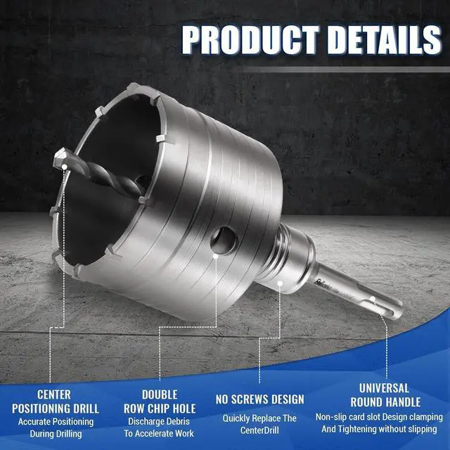 Alt view image 6 of 7 - Concrete Hole Saw Kit with Hole Saw Dust Bowl, Kit Size 30 40 65 80 100 115 MM with Upgraded SDS Plus & Max Shank, Concrete Hole Saw Set for Concrete Brick Stone Cement Wall
