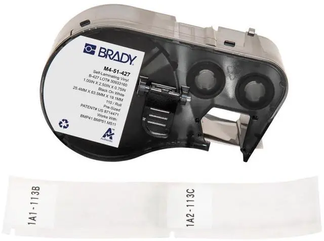 Main image of Authentic (M4-51-427) Self-Laminating Vinyl Wrap Around Labels 2.5" H x 1" W Black on White, Clear, 110 Labels. for use with The BMP41, BMP51, and M511 Label Printers
