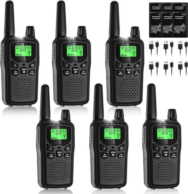 Main image of Walkie Talkies for Adults Long Range, Rechargeable Walkie Talkie 22 FRS Channels Two Way Radios with Noise Reduction, Volume Adjustment, LED Flashlight,1200mAh Rechargeable Battery (6 Pack Black)