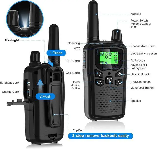 Alt view image 3 of 7 - Walkie Talkies for Adults Long Range, Rechargeable Walkie Talkie 22 FRS Channels Two Way Radios with Noise Reduction, Volume Adjustment, LED Flashlight,1200mAh Rechargeable Battery (6 Pack Black)