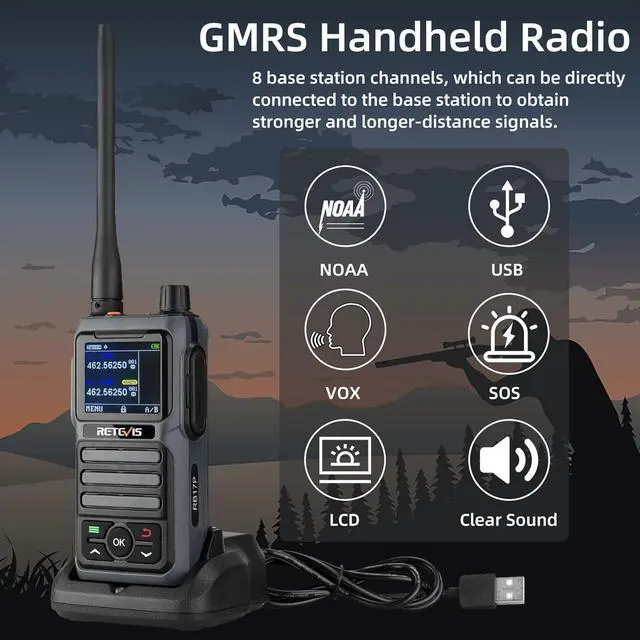 Alt view image 2 of 7 - RB17P GMRS Radio Walkie Talkie, GMRS 2 Way Radio Long Range Walkie Talkies Rechargeable with 2200mAh Battery, SOS Siren, NOAA Scanning & Receiving for Hikers, Campers and Hunters