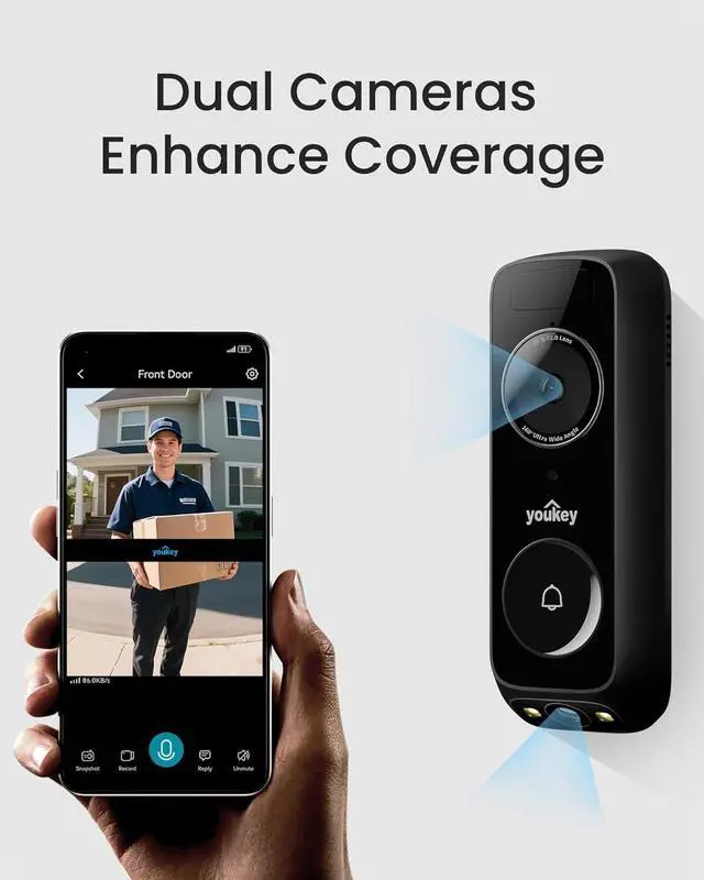 Alt view image 3 of 7 - Wireless Doorbell Camera with Chime, No Monthly Fee, 2K Video Doorbell with Dual Cam, AI + Radar + PIR Detection, 2.4/5GHz WiFi-6, Two-way Talk, Color Night Vision, Battery/Wired Powered, DB312