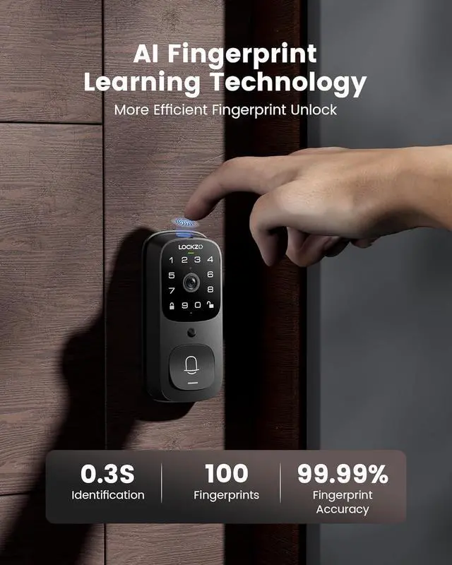Alt view image 4 of 7 - Smart Lock with Camera, 6-in-1 WiFi Doorbell Keyless Entry Door Lock, Deadbolt Lock for Front Door, Fingerprint, Keypad Code, App Control, IP65 Waterproof, BHMA, Support Alexa&Google Assistant