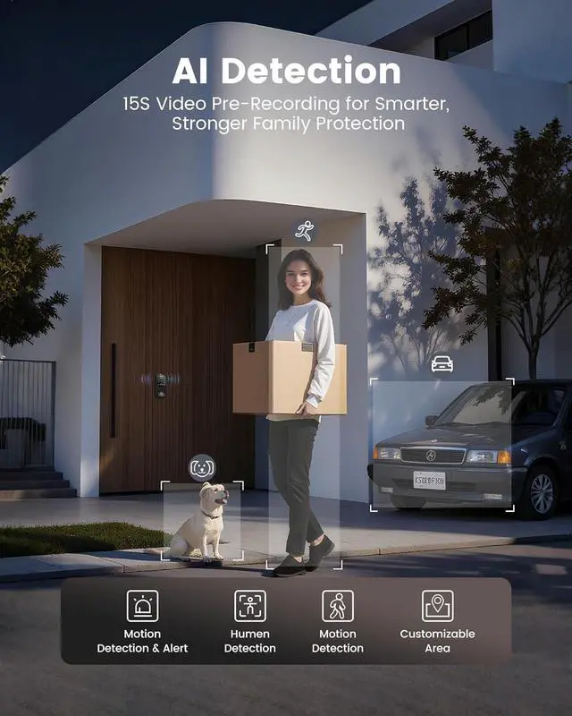 Alt view image 5 of 7 - Smart Lock with Camera, 6-in-1 WiFi Doorbell Keyless Entry Door Lock, Deadbolt Lock for Front Door, Fingerprint, Keypad Code, App Control, IP65 Waterproof, BHMA, Support Alexa&Google Assistant