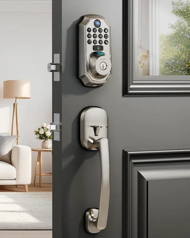 Main image of WiFi Smart Lock with Camera - Keyless Entry Deadbolt with Handle Set, 5-in-1 Camera+Doorbell+Fingerprint+Keypad, App Control, Auto Lock, Easy Install, Waterproof for Front Door, Satin Nickel