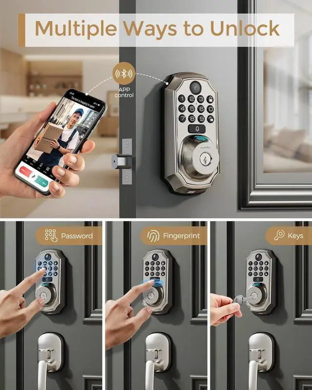 Alt view image 3 of 7 - WiFi Smart Lock with Camera - Keyless Entry Deadbolt with Handle Set, 5-in-1 Camera+Doorbell+Fingerprint+Keypad, App Control, Auto Lock, Easy Install, Waterproof for Front Door, Satin Nickel