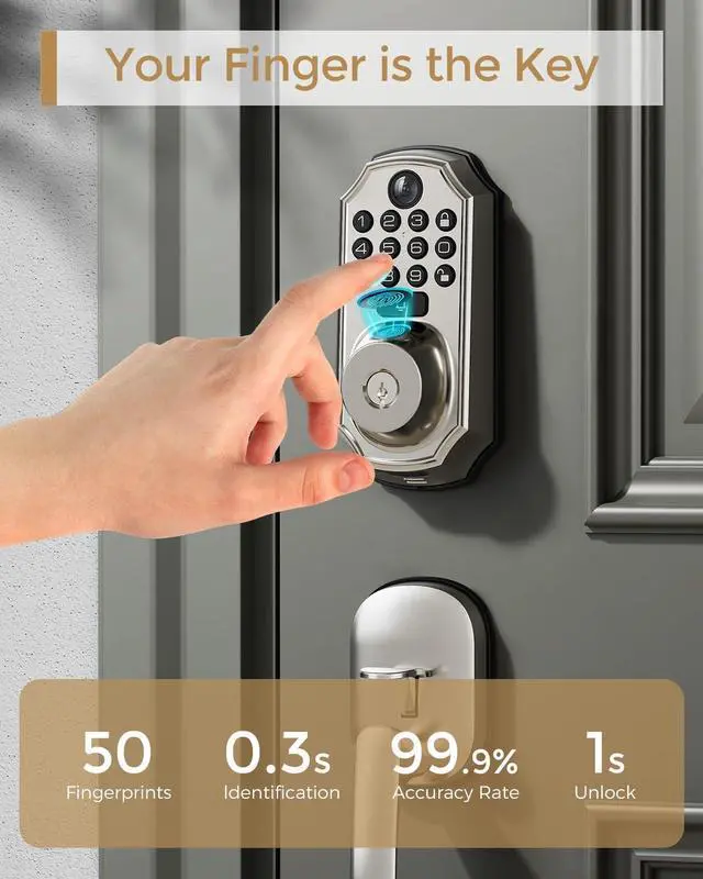Alt view image 6 of 7 - WiFi Smart Lock with Camera - Keyless Entry Deadbolt with Handle Set, 5-in-1 Camera+Doorbell+Fingerprint+Keypad, App Control, Auto Lock, Easy Install, Waterproof for Front Door, Satin Nickel