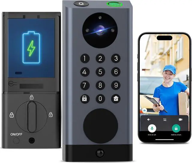 Main image of Smart Door Lock with Camera Deadbolt with Video Doorbell PIR Motion Detection Front Door Lock with Fingerprint Keypad Code Long-Lasting Battery Built-in Wi-Fi No hub Required No Drilling
