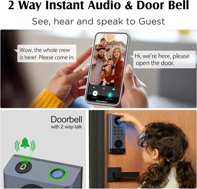 Alt view image 2 of 7 - Smart Door Lock with Camera Deadbolt with Video Doorbell PIR Motion Detection Front Door Lock with Fingerprint Keypad Code Long-Lasting Battery Built-in Wi-Fi No hub Required No Drilling