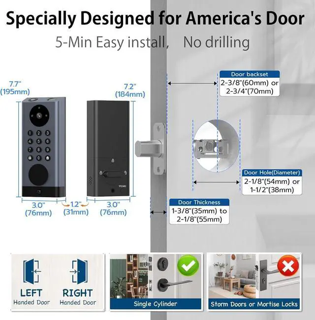 Alt view image 4 of 7 - Smart Door Lock with Camera Deadbolt with Video Doorbell PIR Motion Detection Front Door Lock with Fingerprint Keypad Code Long-Lasting Battery Built-in Wi-Fi No hub Required No Drilling