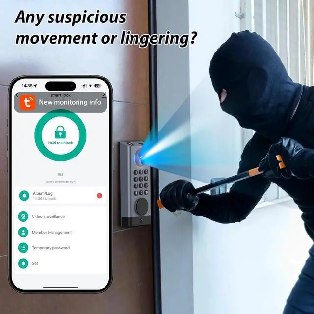 Alt view image 5 of 7 - Smart Door Lock with Camera Deadbolt with Video Doorbell PIR Motion Detection Front Door Lock with Fingerprint Keypad Code Long-Lasting Battery Built-in Wi-Fi No hub Required No Drilling