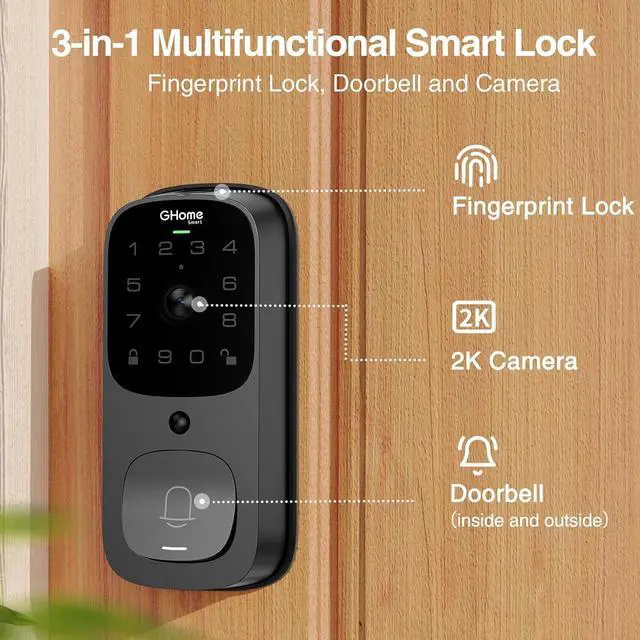 Alt view image 2 of 7 - 3 in 1 Door Lock with Fingerprint,WiFi,Keyless Entry Smart Deadbolt, 2K HD Camera, 2.4GHz, App Remote Control, Smart Door Knob with Doorbell