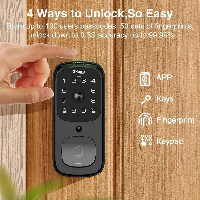 Alt view image 3 of 7 - 3 in 1 Door Lock with Fingerprint,WiFi,Keyless Entry Smart Deadbolt, 2K HD Camera, 2.4GHz, App Remote Control, Smart Door Knob with Doorbell