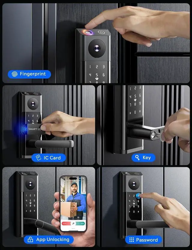 Alt view image 3 of 7 - Smart Lock with Camera & Doorbell, Built-in WiFi Camera Deadbolt Lock for Front Door, Keyless Entry Door Lock with Handle, Fingerprint, Keypad Code, App Control, Auto Lock