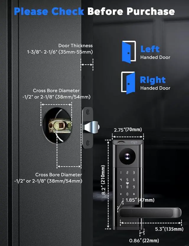 Alt view image 4 of 7 - Smart Lock with Camera & Doorbell, Built-in WiFi Camera Deadbolt Lock for Front Door, Keyless Entry Door Lock with Handle, Fingerprint, Keypad Code, App Control, Auto Lock