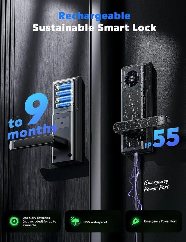 Alt view image 6 of 7 - Smart Lock with Camera & Doorbell, Built-in WiFi Camera Deadbolt Lock for Front Door, Keyless Entry Door Lock with Handle, Fingerprint, Keypad Code, App Control, Auto Lock