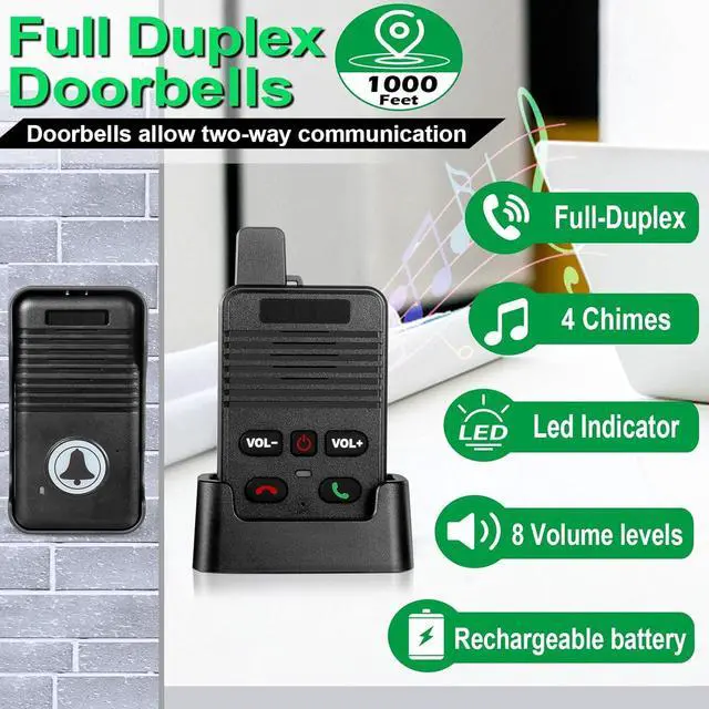 Alt view image 2 of 7 - Wireless Doorbell, Waterproof Full Duplex Doorbell Wireless Upgrade, 1000ft Range, Door Bell Two Way Communication, 8 Volume Levels, 4 Chime Wireless Doorbells for Home House Business (1Pack Black)