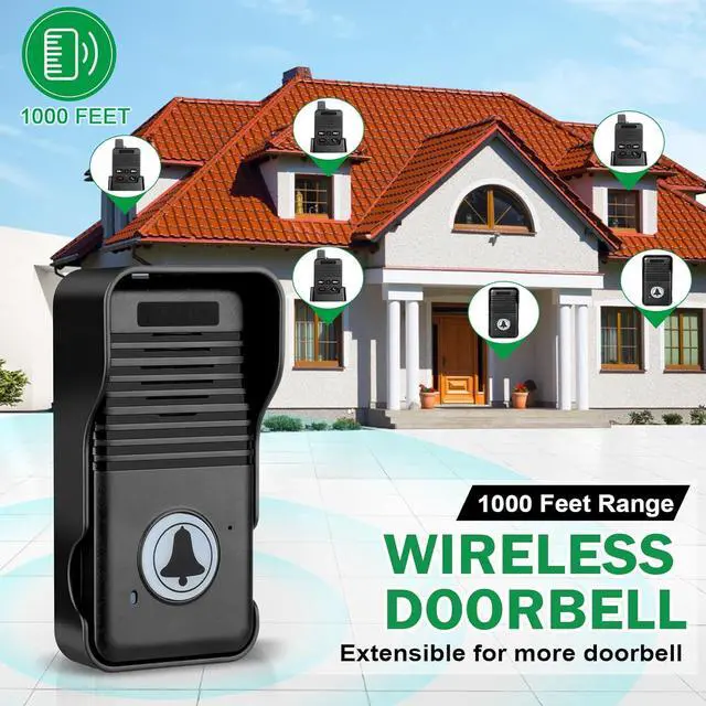 Alt view image 4 of 7 - Wireless Doorbell, Waterproof Full Duplex Doorbell Wireless Upgrade, 1000ft Range, Door Bell Two Way Communication, 8 Volume Levels, 4 Chime Wireless Doorbells for Home House Business (1Pack Black)