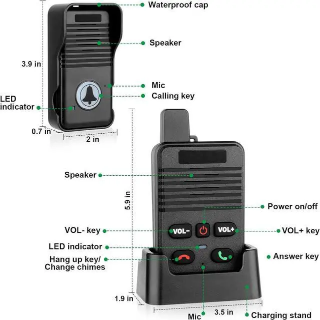 Alt view image 5 of 7 - Wireless Doorbell, Waterproof Full Duplex Doorbell Wireless Upgrade, 1000ft Range, Door Bell Two Way Communication, 8 Volume Levels, 4 Chime Wireless Doorbells for Home House Business (1Pack Black)
