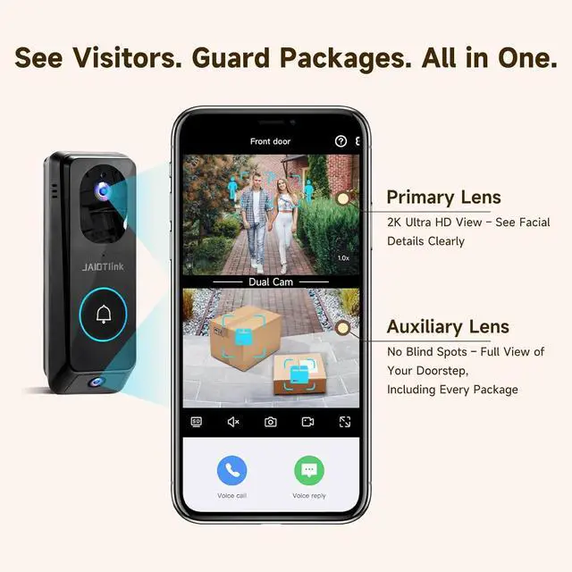 Alt view image 2 of 7 - 2K Dual Lens Video Doorbell Camera Wireless with Chime, Package Protection, 64GB SD Card, Voice Changer, 2-Way Audio, Night Vision, Compatible with Alexa