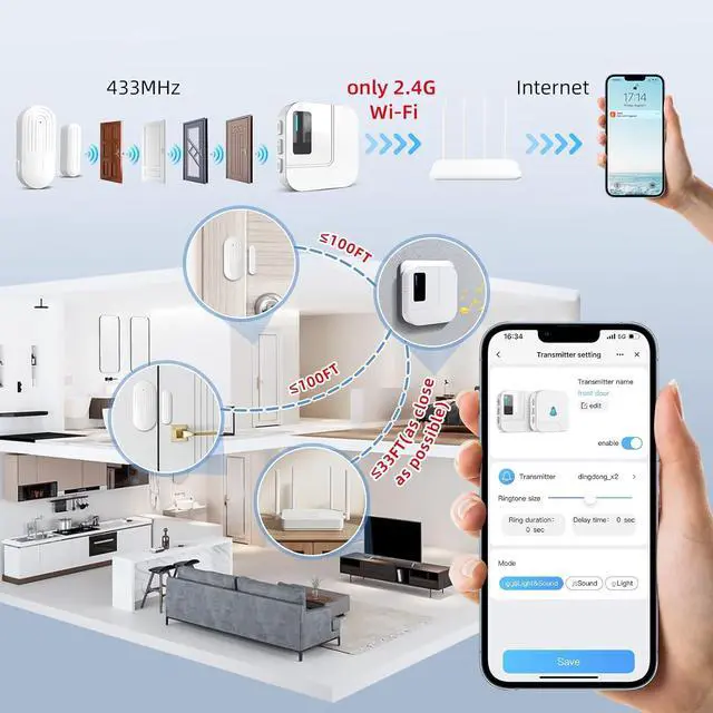 Alt view image 6 of 7 - Door Chime, WiFi Door Sensor Open Chime When Entering for Business/Home/Store/Office Alert Your Phone,Alarms for Kids Safety,500 FT Range,20 Ringtones,4 Sensors 1 Receiver