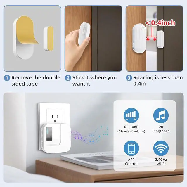 Alt view image 7 of 7 - Door Chime, WiFi Door Sensor Open Chime When Entering for Business/Home/Store/Office Alert Your Phone,Alarms for Kids Safety,500 FT Range,20 Ringtones,4 Sensors 1 Receiver
