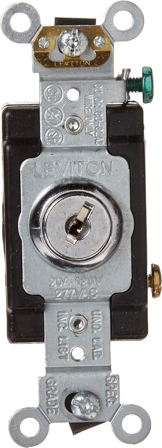 Alt view image 5 of 5 - 20 Amp, 120/277 Volt, Key Locking, Single-Pole, AC Quiet Switch, Extra Heavy Duty Spec Grade, Self Grounding, 1221-2KL, Chrome