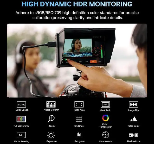 Alt view image 5 of 7 - DC-L1 7-Inch Touchscreen Camera Field Monitor 1280×800Supports HDMI 1.4Custom 3D LUT Import, Vectorscope & Waveform Scopes, Detachable Sunshade, NP-F Battery & Accessories