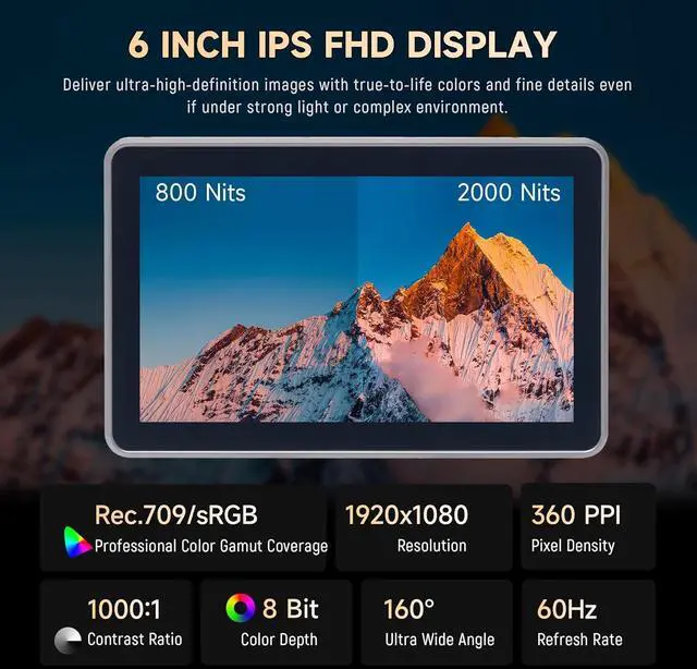 Alt view image 2 of 7 - DC-X3 2000 Nits SDI Camera Field Monitor, 4K HDMI 6 inch Touchscreen On Camera Monitor, 3D Lut 1920X1080 HD Focus Peaking Assist Full Waveform Video Field Monitor with Battery Sunshade Hood