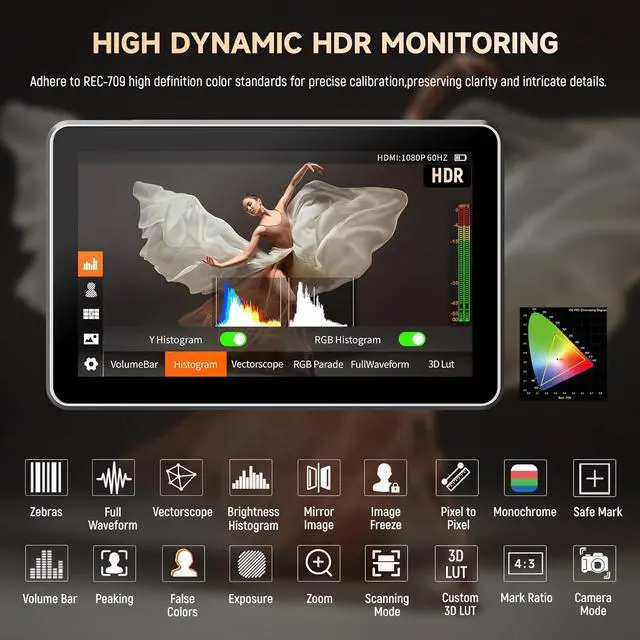 Alt view image 3 of 7 - DC-X3 2000 Nits SDI Camera Field Monitor, 4K HDMI 6 inch Touchscreen On Camera Monitor, 3D Lut 1920X1080 HD Focus Peaking Assist Full Waveform Video Field Monitor with Battery Sunshade Hood
