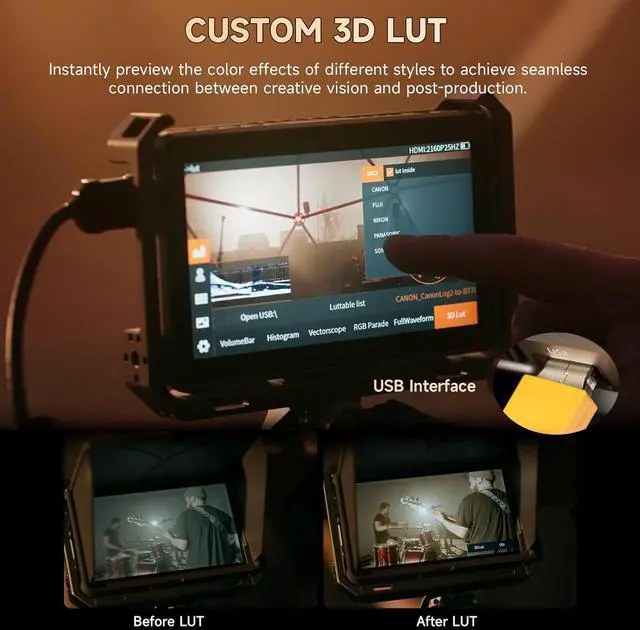 Alt view image 6 of 7 - DC-X3 2000 Nits SDI Camera Field Monitor, 4K HDMI 6 inch Touchscreen On Camera Monitor, 3D Lut 1920X1080 HD Focus Peaking Assist Full Waveform Video Field Monitor with Battery Sunshade Hood