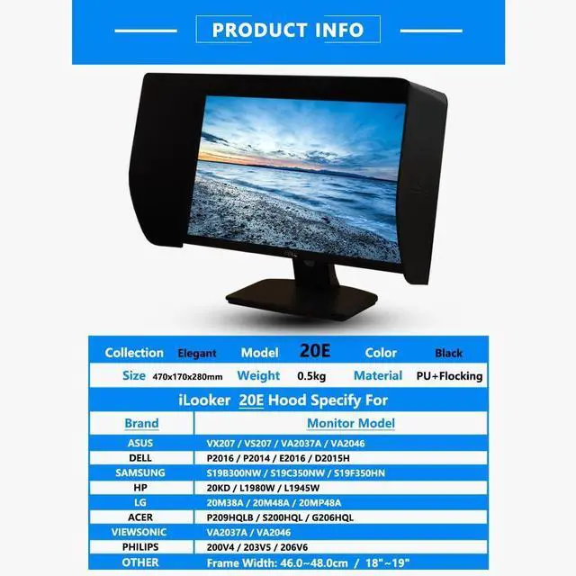 Alt view image 2 of 7 - 20E 19~20 inch LCD LED Video Monitor Hood Sunshade Sunhood for Dell HP Viewsonic Philips Samsung LG EIZO NEC ASUS ACER BENQ AOC Lenovo, Fits Monitor Frame Width 455-480mm