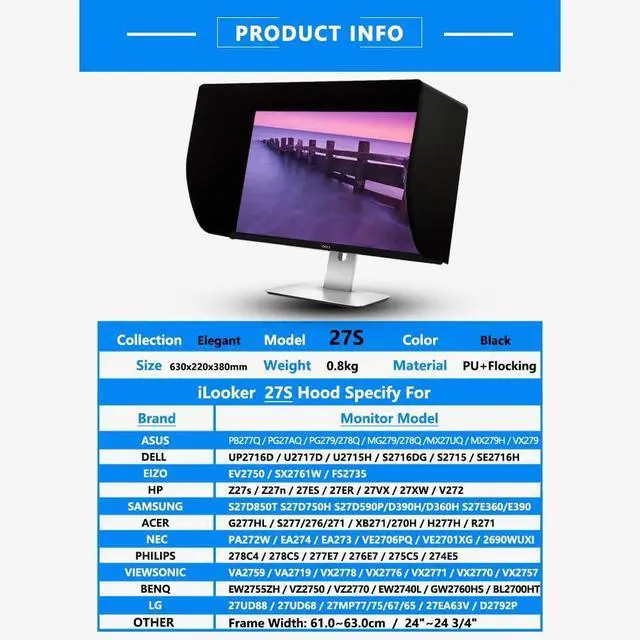 Alt view image 2 of 7 - -27S 27 inch Ultr-Slim Frame LCD LED Video Monitor Hood Sunshade Sunhood for Dell HP Viewsonic Philips Samsung LG EIZO NEC ASUS ACER BENQ AOC Lenovo, Fits Monitor Frame Width 610-630mm