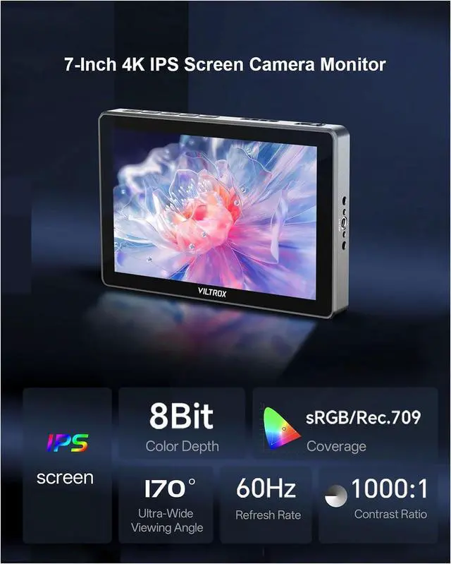 Alt view image 2 of 7 - DC-L1 7" 4K HDMI Camera Field Monitor, 600nit Touch Screen, 4K 30Hz HDMI Loop in/Out DSLR Video External Monitor for Sony Canon Nikon with Sunshade Hood, Battery, Storage Bag