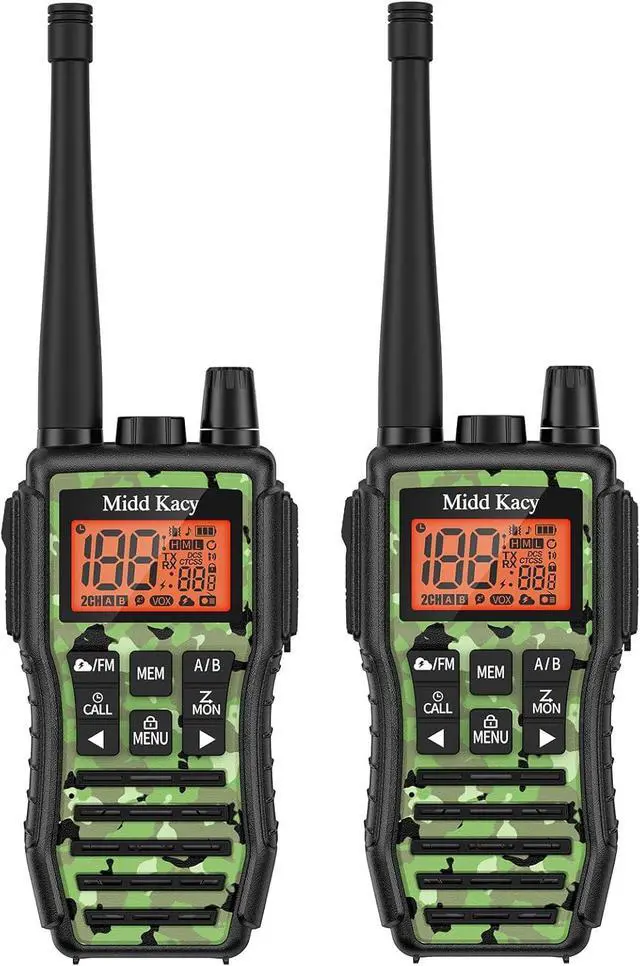 Main image of Midd Kacy MK208 Camo Walkie Talkie - Long Range walkie talkies - 61 Channels Gmrs Handheld Radio -121 Privacy Codes,New Flashlight,SOS Siren,NOAA Weather Alerts & Scan - Camouflage,2 Pack
