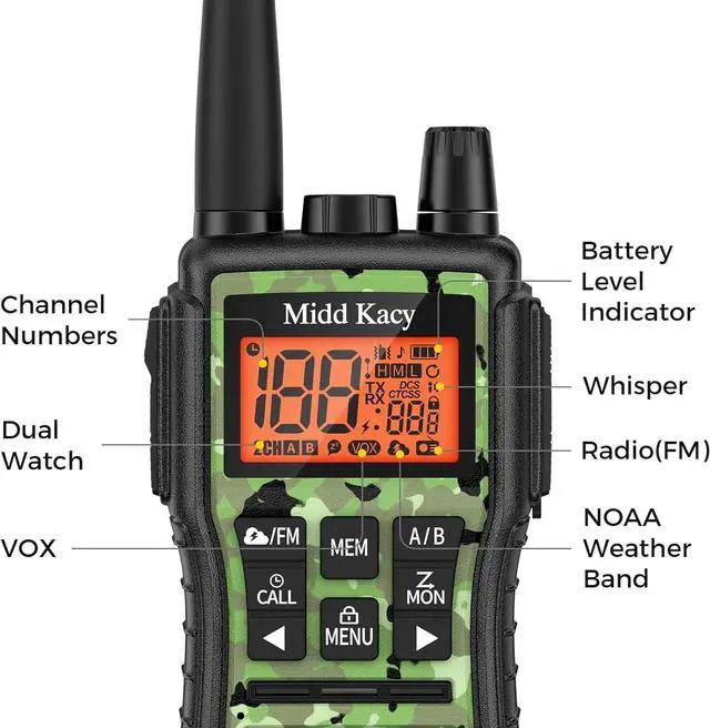 Alt view image 2 of 7 - Midd Kacy MK208 Camo Walkie Talkie - Long Range walkie talkies - 61 Channels Gmrs Handheld Radio -121 Privacy Codes,New Flashlight,SOS Siren,NOAA Weather Alerts & Scan - Camouflage,2 Pack