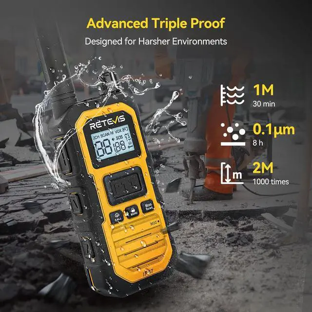 Alt view image 3 of 7 - RB48 Plus IP67 Waterproof Heavy Duty Long Range Walkie Talkies, GMRS Radio, Construction Jobsite Two Way Radio, NOAA, Shock Resistant, Dual PTT, Vibration Reminder(4 Pack)