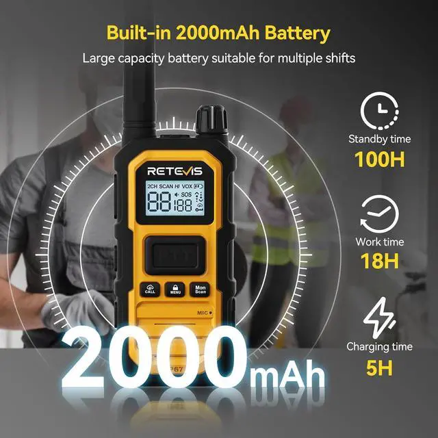 Alt view image 4 of 7 - RB48 Plus IP67 Waterproof Heavy Duty Long Range Walkie Talkies, GMRS Radio, Construction Jobsite Two Way Radio, NOAA, Shock Resistant, Dual PTT, Vibration Reminder(4 Pack)