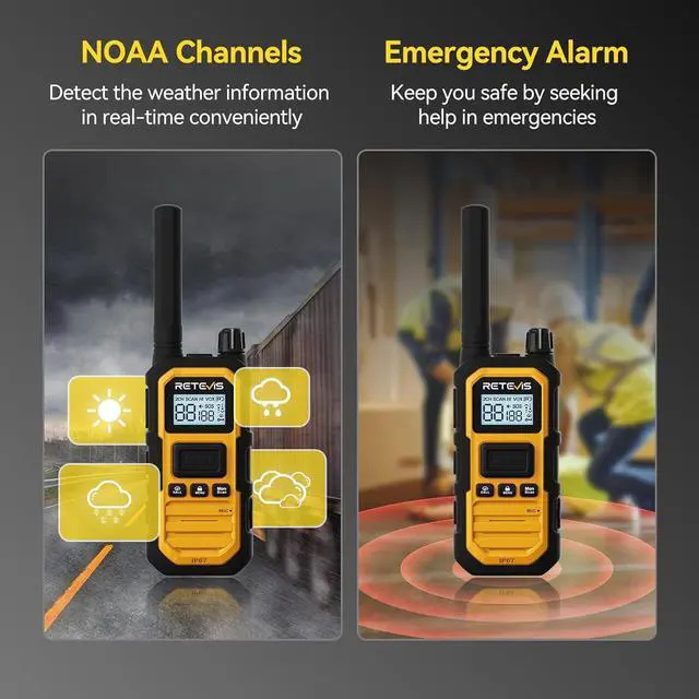 Alt view image 6 of 7 - RB48 Plus IP67 Waterproof Heavy Duty Long Range Walkie Talkies, GMRS Radio, Construction Jobsite Two Way Radio, NOAA, Shock Resistant, Dual PTT, Vibration Reminder(4 Pack)