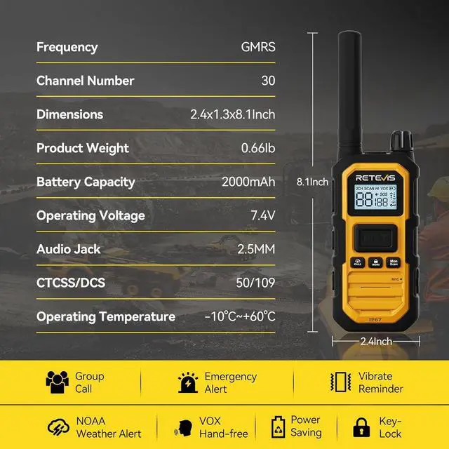 Alt view image 7 of 7 - RB48 Plus IP67 Waterproof Heavy Duty Long Range Walkie Talkies, GMRS Radio, Construction Jobsite Two Way Radio, NOAA, Shock Resistant, Dual PTT, Vibration Reminder(4 Pack)