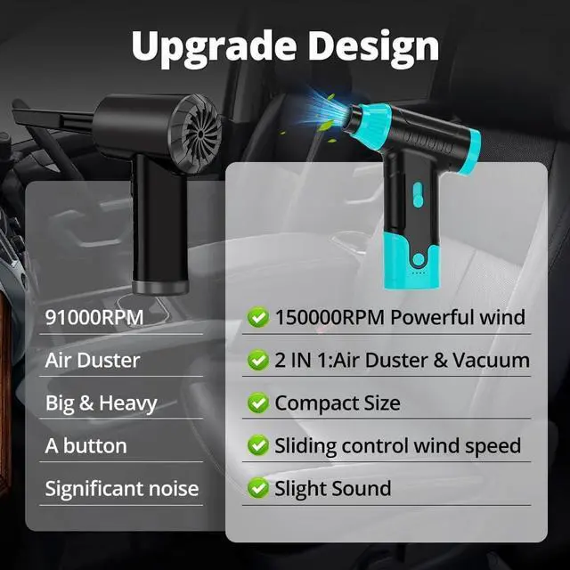 Alt view image 2 of 7 - Compressed Air Duster Keyboard Cleaner - Electric Air Blower Cleaning Kit 150,000 RPM Mini Blower Spray to Dust Off Car, PC, Keyboard, Vacuum (Green)