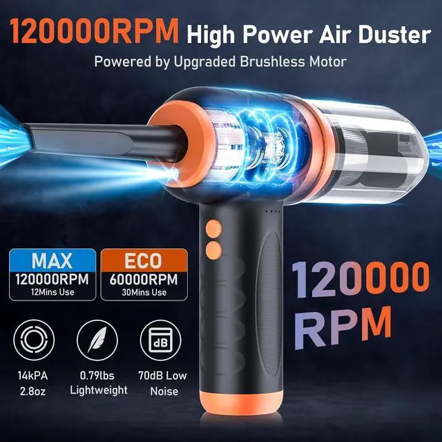 Alt view image 2 of 7 - 12-in-1 Cordless Compressed Air Duster with 2-Speeds 120,000RPM, LED Light, Computer Vacuum Air Duster 2-in-1, Perfect for Deep Cleaning Keyboards, PCs, Cars, and Electronics