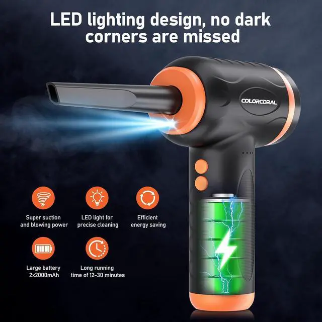 Alt view image 4 of 7 - 12-in-1 Cordless Compressed Air Duster with 2-Speeds 120,000RPM, LED Light, Computer Vacuum Air Duster 2-in-1, Perfect for Deep Cleaning Keyboards, PCs, Cars, and Electronics