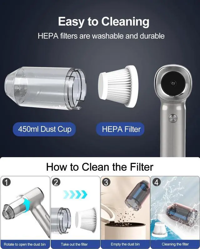 Alt view image 5 of 7 - Handheld Car Vacuum Cleaner High Power,4-in-1 Small Portable Mini Cordless Brushless Motor Cleaner with 22000pa Suction Power & Air Duster,Type-C Charge,Cleaner for Home,Car(Mysterious Silver)