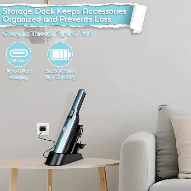 Alt view image 6 of 7 - Handheld Cordless Vacuum Cleaner, Portable Car Vacuum with 18KPa Suction Power,Quick-Charge Hand Vac with LED Headlight & Storage Dock, Dust Buster for Home Office Desk Keyboards Pet Hair, Blue